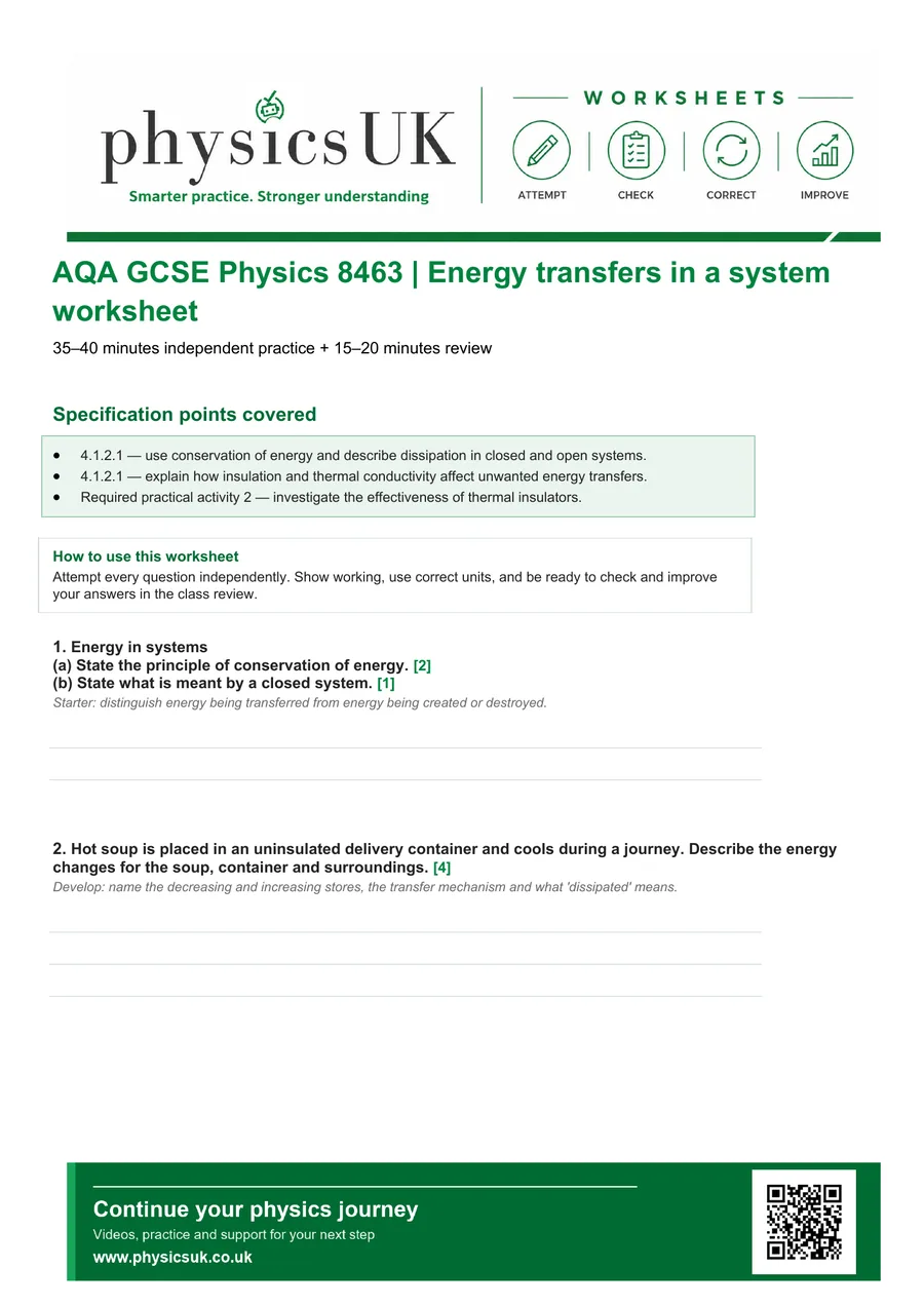 Preview of AQA GCSE Physics Energy Transfers and Insulation Worksheet