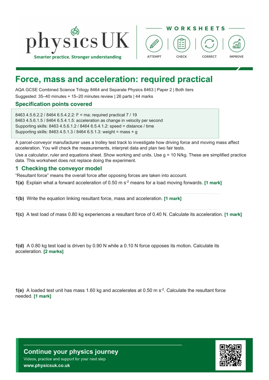 Preview of AQA GCSE Physics Force Mass and Acceleration Required Practical Worksheet