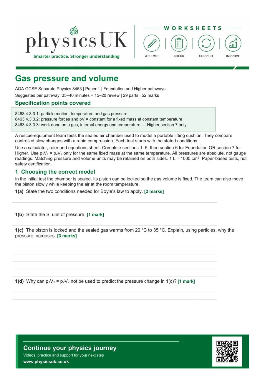 Preview of AQA GCSE Physics Gas Pressure Volume and Boyle Law Worksheet