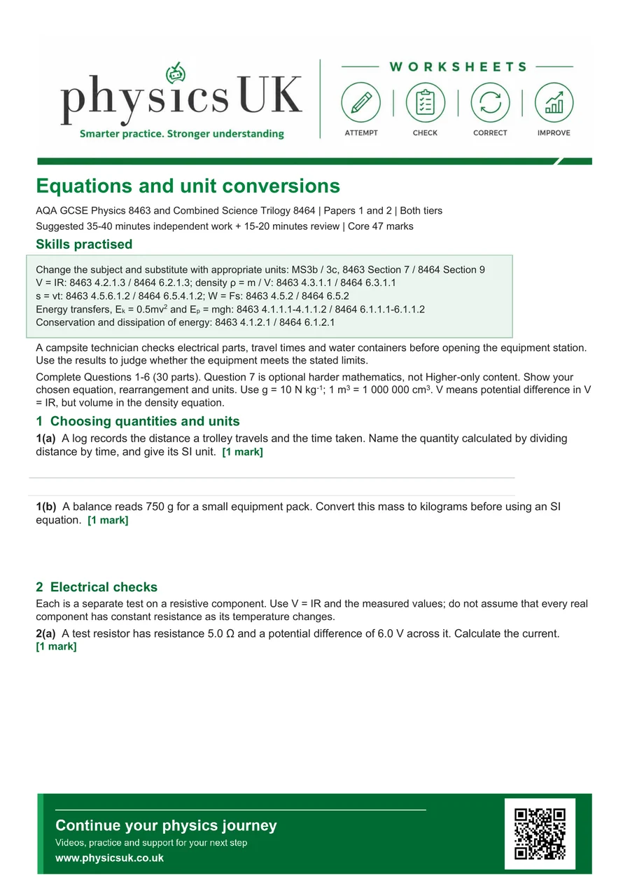 Preview of AQA GCSE Physics Equations, Rearranging and Unit Conversions Worksheet