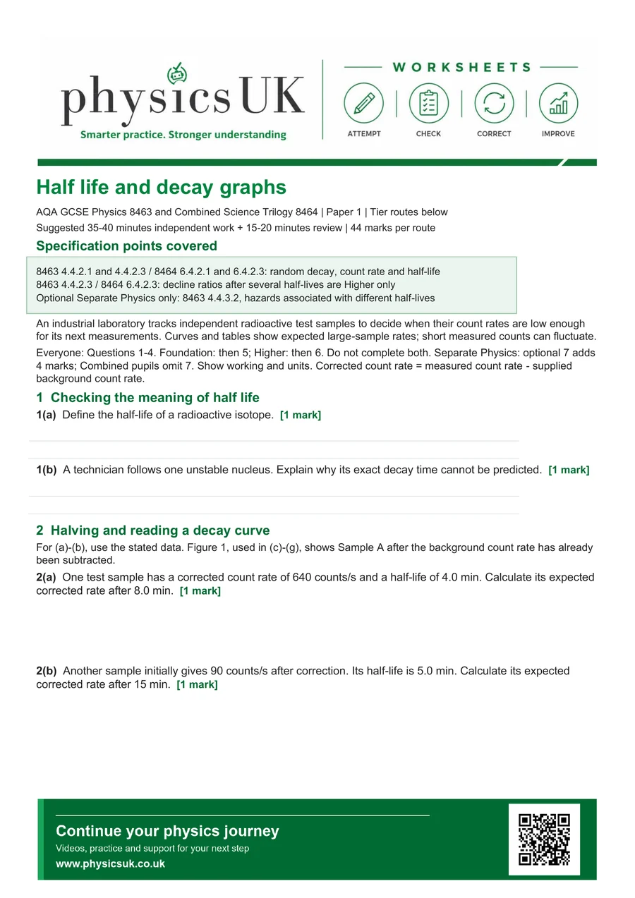 Preview of AQA GCSE Physics Half-Life and Decay Graphs Worksheet