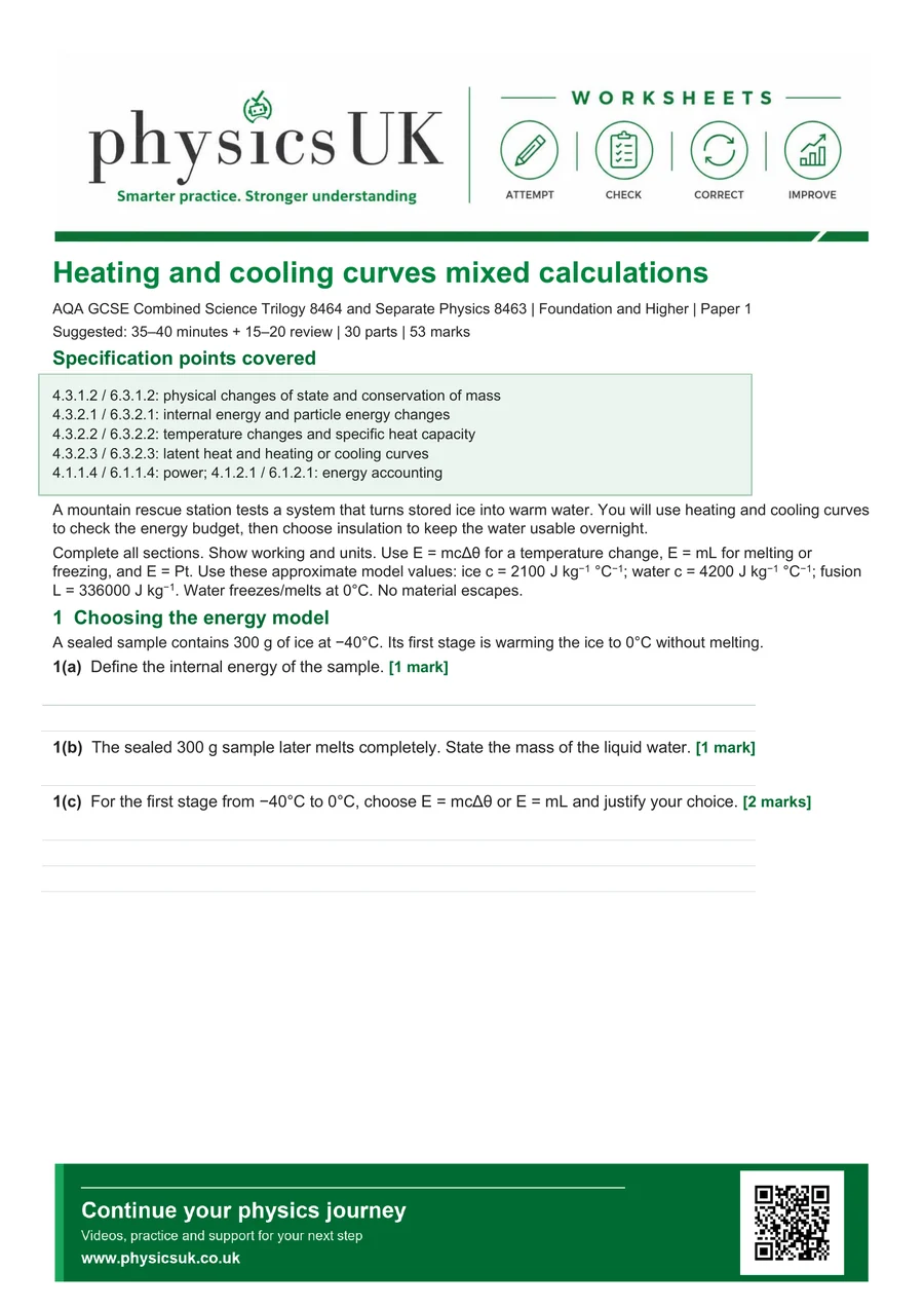 Preview of AQA GCSE Physics Heating and Cooling Curves Mixed Calculations Worksheet