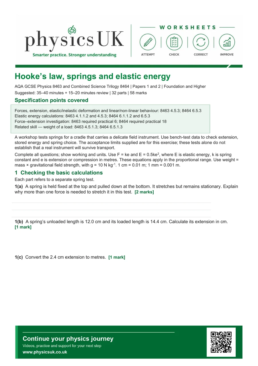Preview of AQA GCSE Physics Hooke’s Law, Springs and Elastic Energy Worksheet