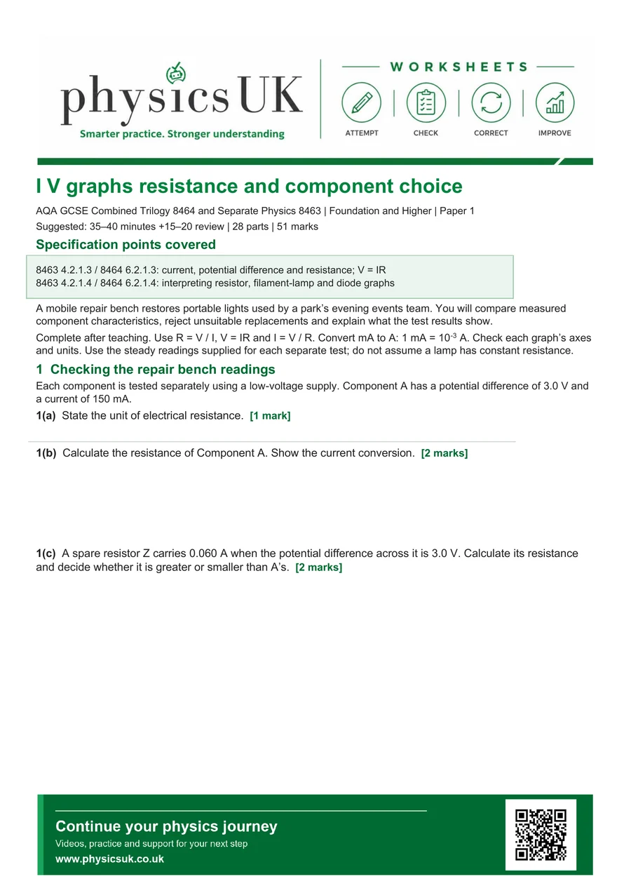 Preview of AQA GCSE Physics I V Graphs Resistance and Component Choice Worksheet
