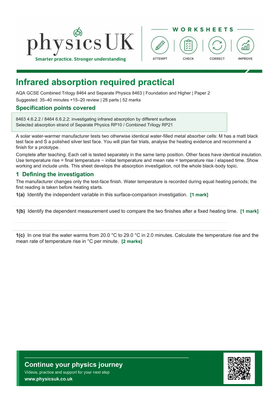 Preview of AQA GCSE Physics Infrared Absorption Required Practical Worksheet