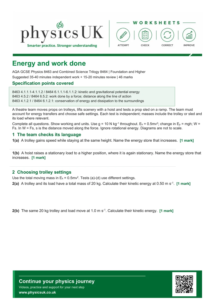Preview of AQA GCSE Physics Kinetic Energy, GPE and Work Done Worksheet