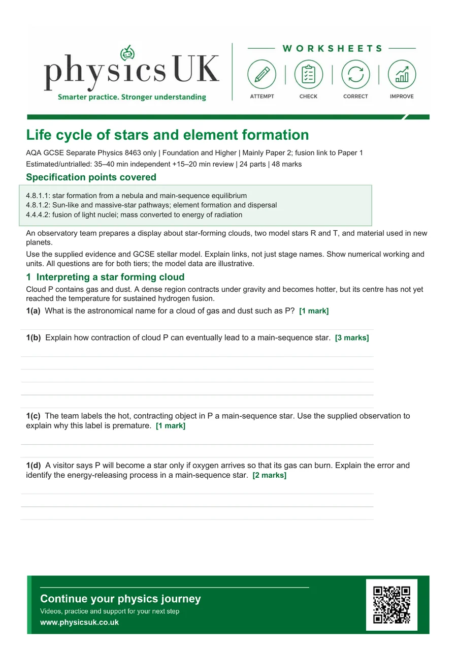 Preview of AQA GCSE Physics Life Cycle of Stars and Element Formation Worksheet