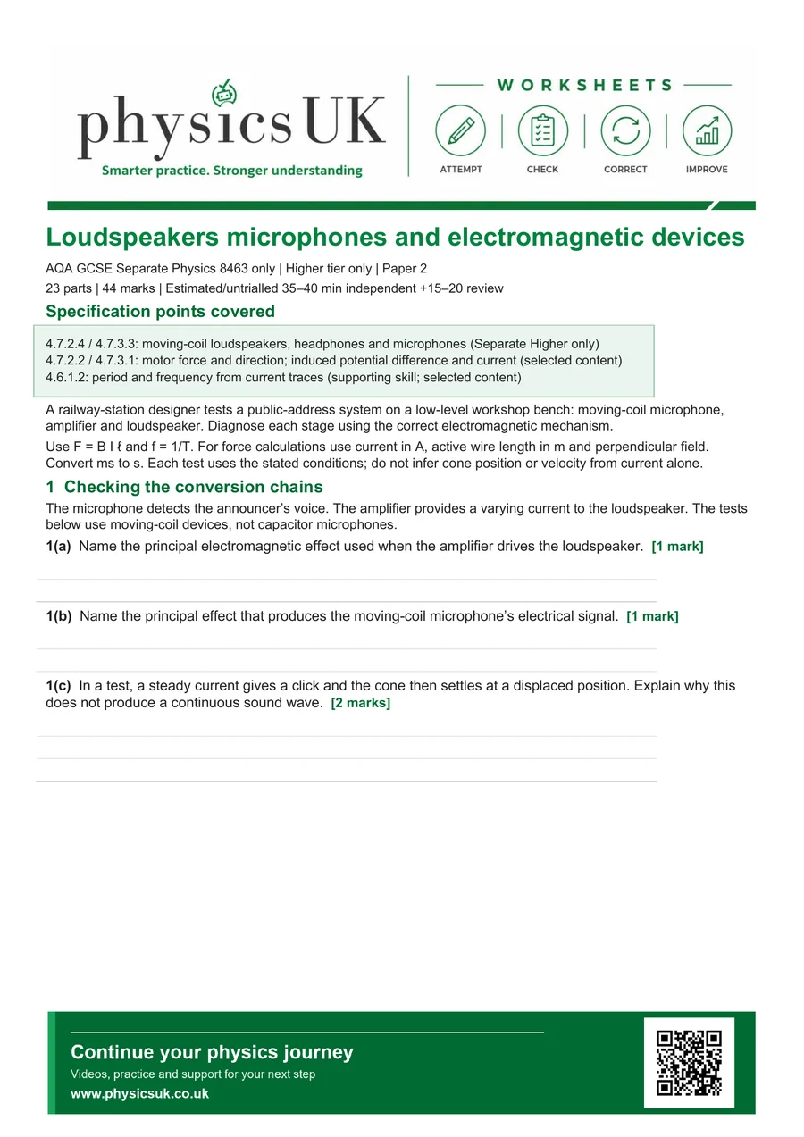Preview of AQA GCSE Physics Loudspeakers Microphones and Electromagnetic Devices Worksheet