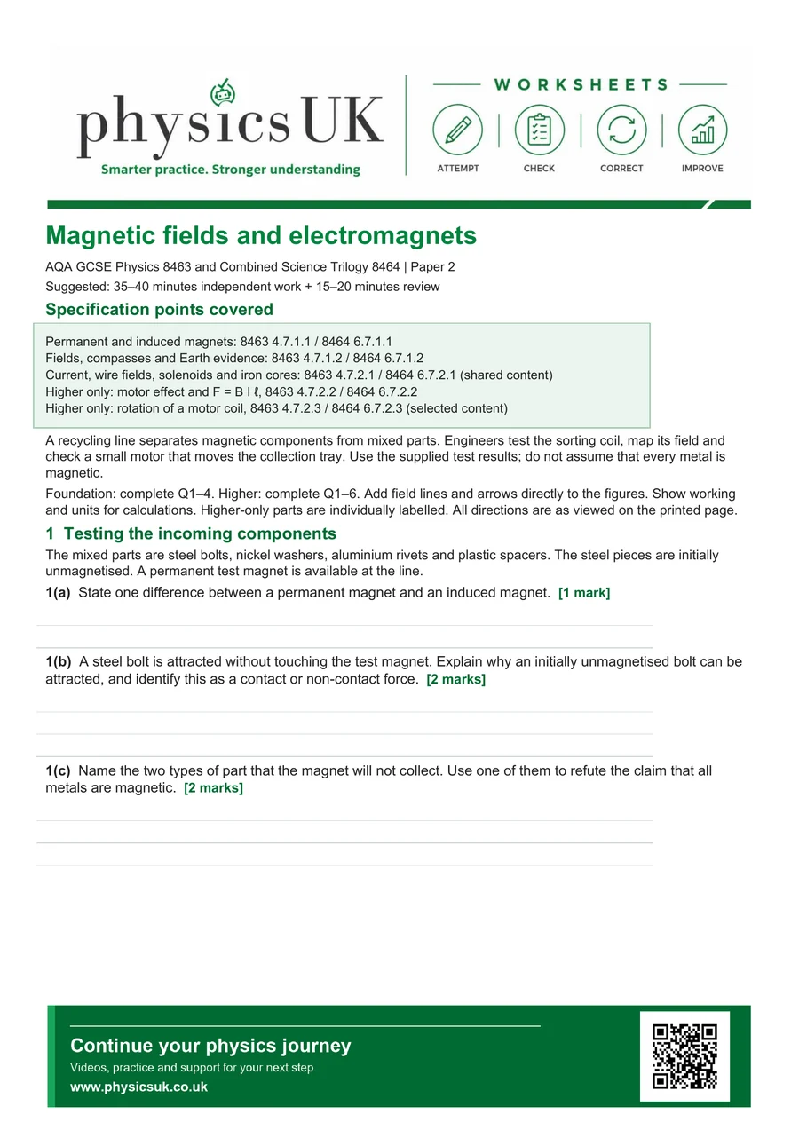 Preview of AQA GCSE Physics Magnetic Fields, Electromagnets and Motor Effect Worksheet