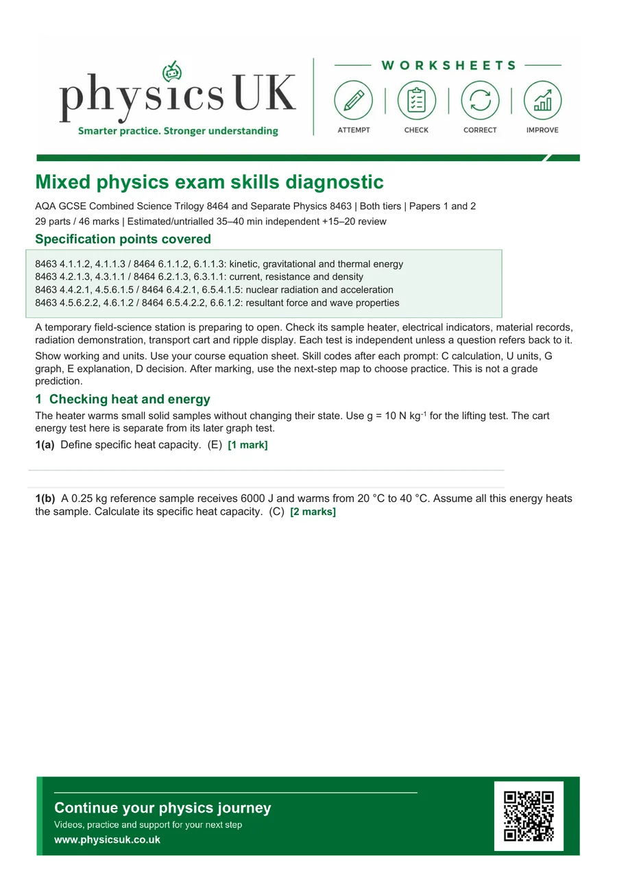 Preview of AQA GCSE Physics Mixed Physics Exam Skills Diagnostic Worksheet