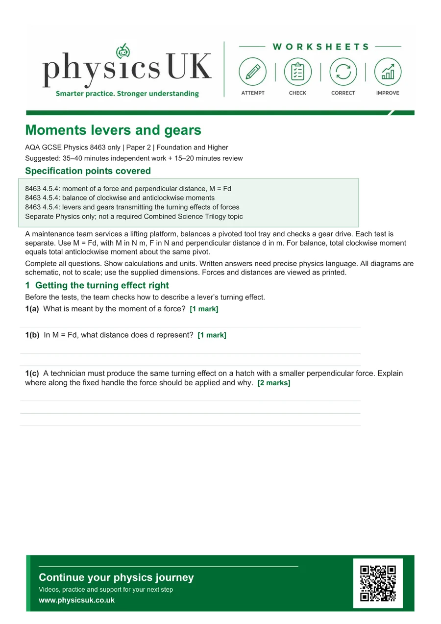 Preview of AQA GCSE Physics Moments, Levers and Gears Worksheet