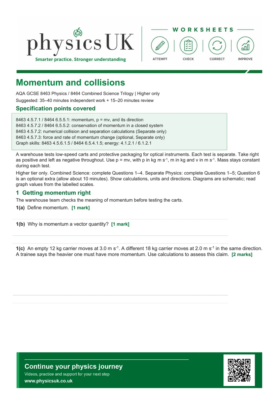 Preview of AQA GCSE Physics Momentum and Collisions Worksheet