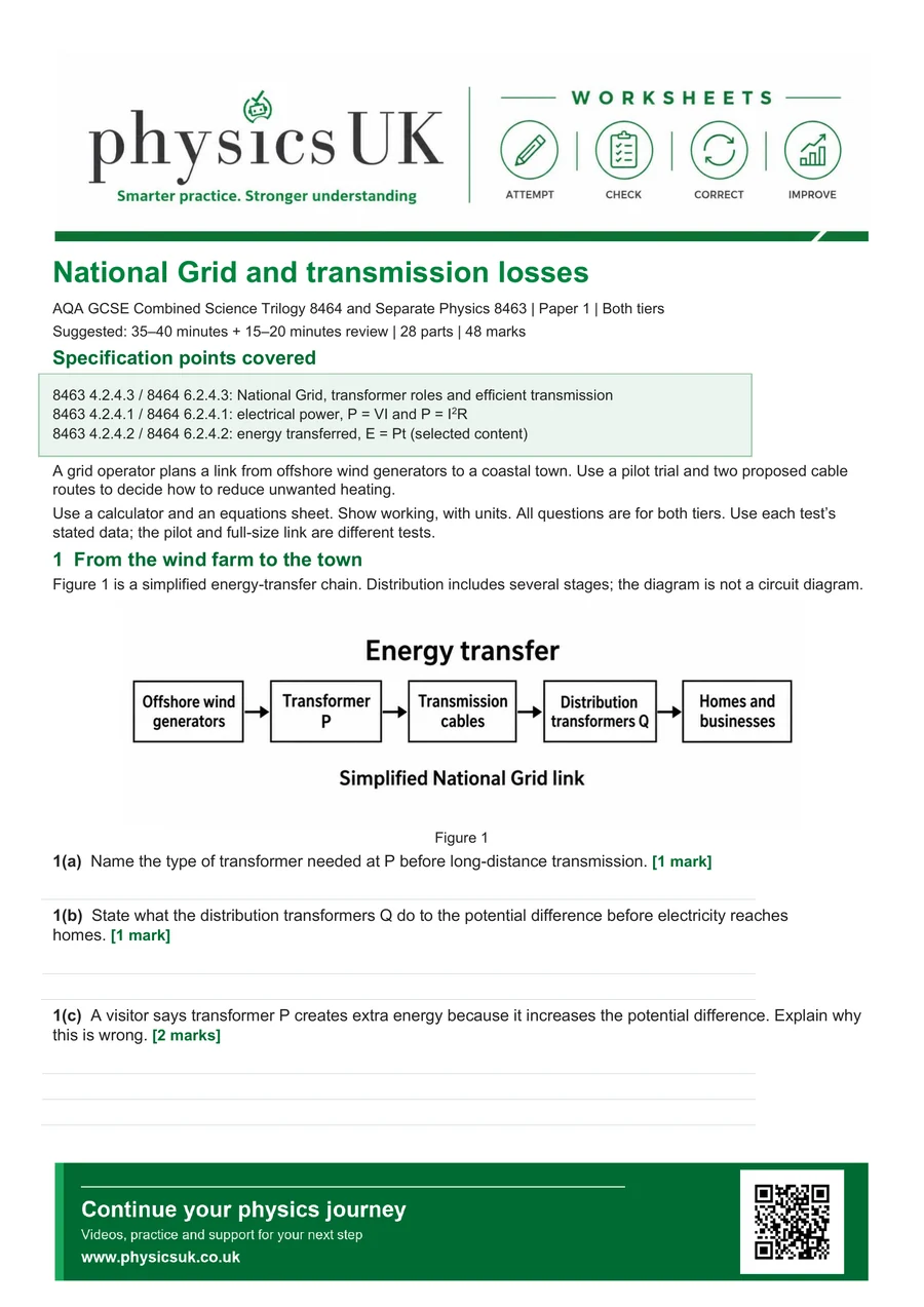 Preview of AQA GCSE Physics National Grid and Transmission Losses Worksheet