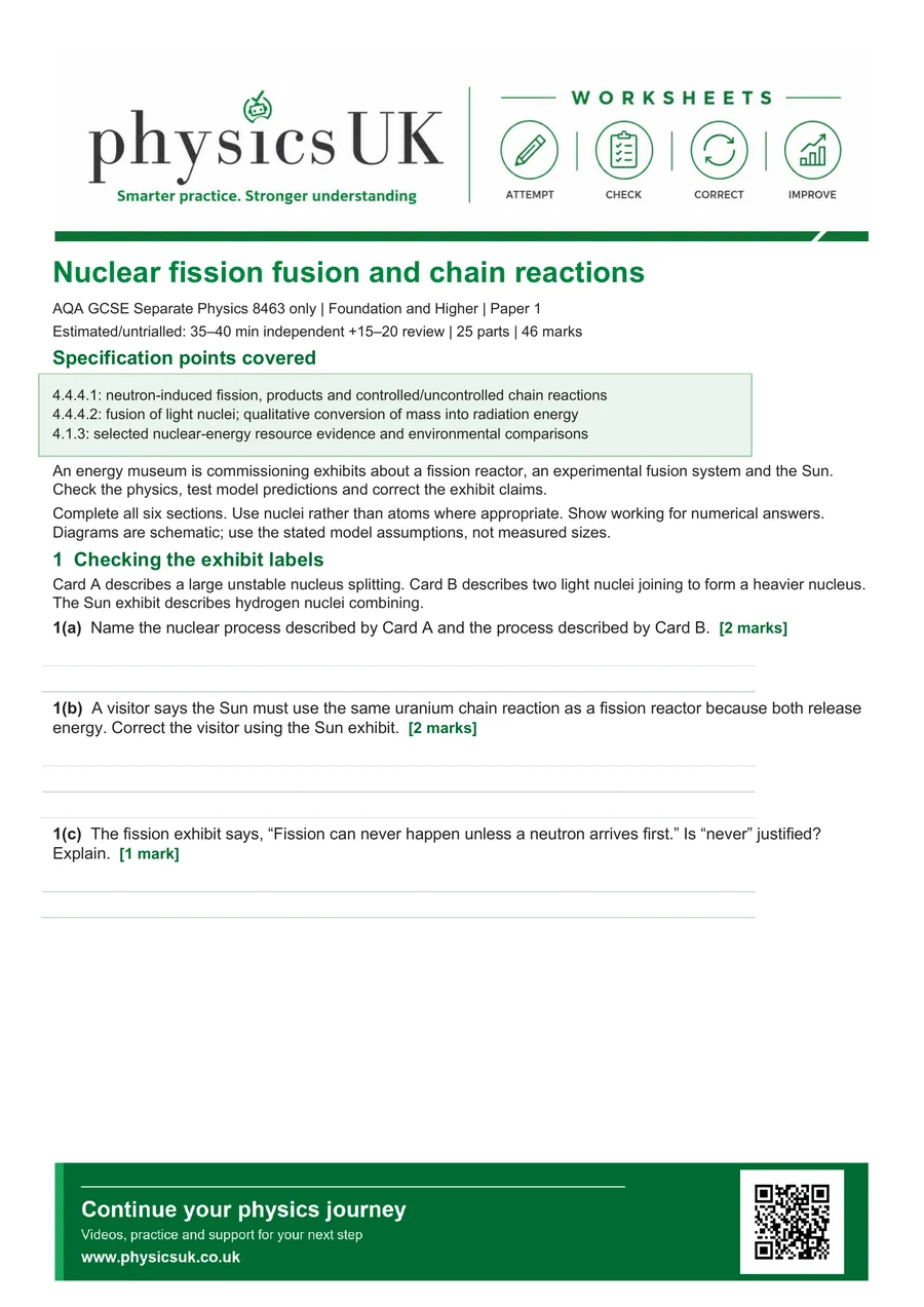 Preview of AQA GCSE Physics Nuclear Fission Fusion and Chain Reactions Worksheet