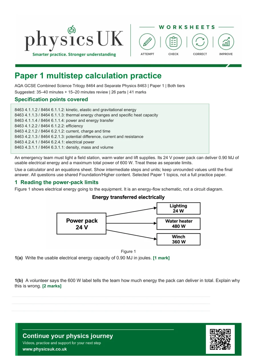 Preview of AQA GCSE Physics Paper 1 Multi Step Calculation Practice Worksheet