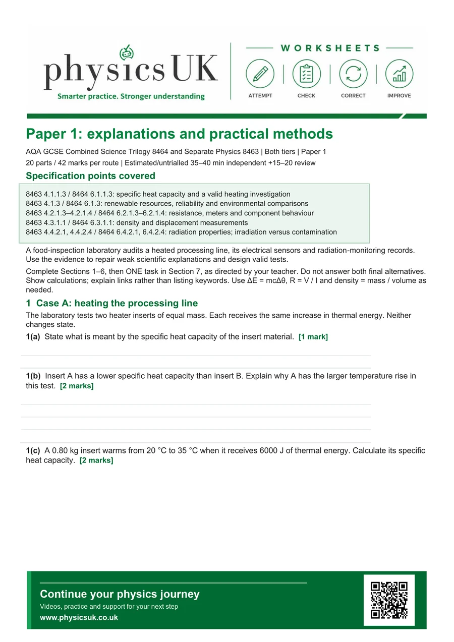 Preview of AQA GCSE Physics Paper 1 Six Mark Explanations and Practical Methods Worksheet