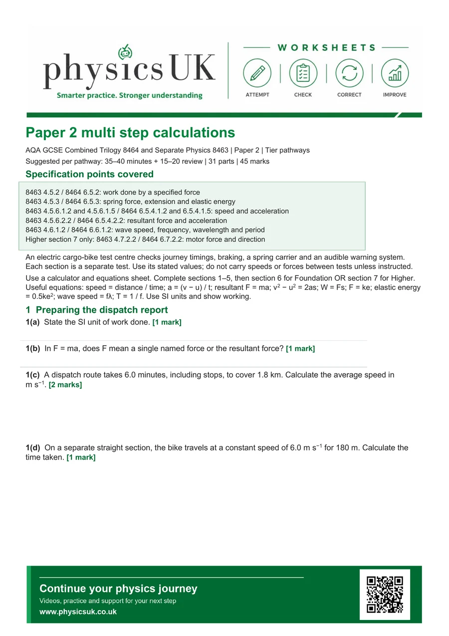 Preview of AQA GCSE Physics Paper 2 Multi Step Calculation Practice Worksheet