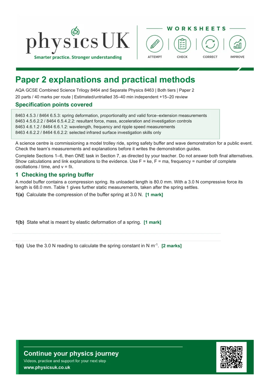 Preview of AQA GCSE Physics Paper 2 Six Mark Explanations and Practical Methods Worksheet
