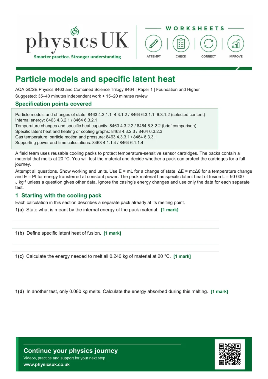 Preview of AQA GCSE Physics Particle Model, Changes of State and Specific Latent Heat Worksheet