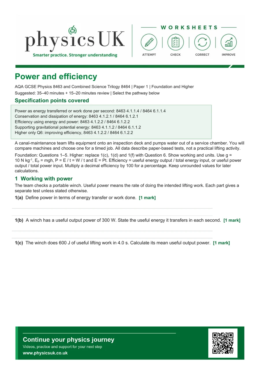 Preview of AQA GCSE Physics Power and Efficiency Calculations Worksheet