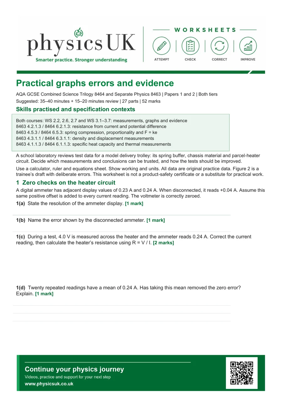 Preview of AQA GCSE Physics Practical Graphs Errors and Evidence Worksheet
