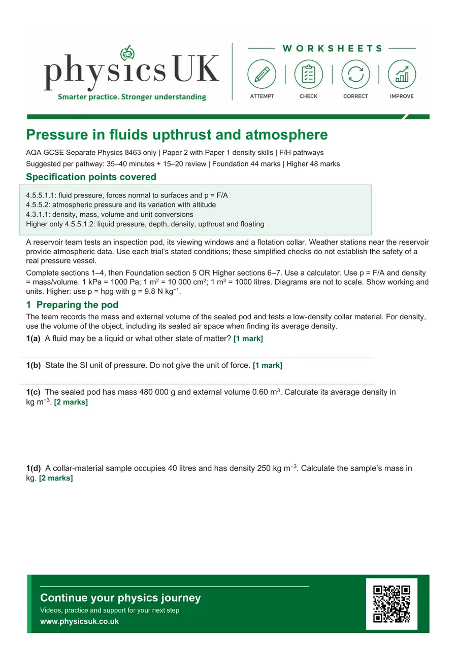 Preview of AQA GCSE Physics Pressure in Fluids Upthrust and Atmosphere Worksheet