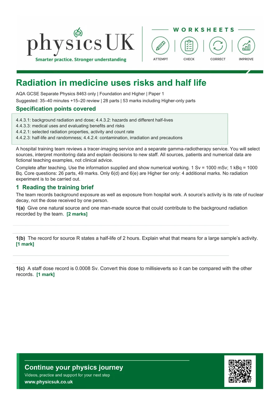 Preview of AQA GCSE Physics Radiation in Medicine Uses Risks and Half Life Worksheet