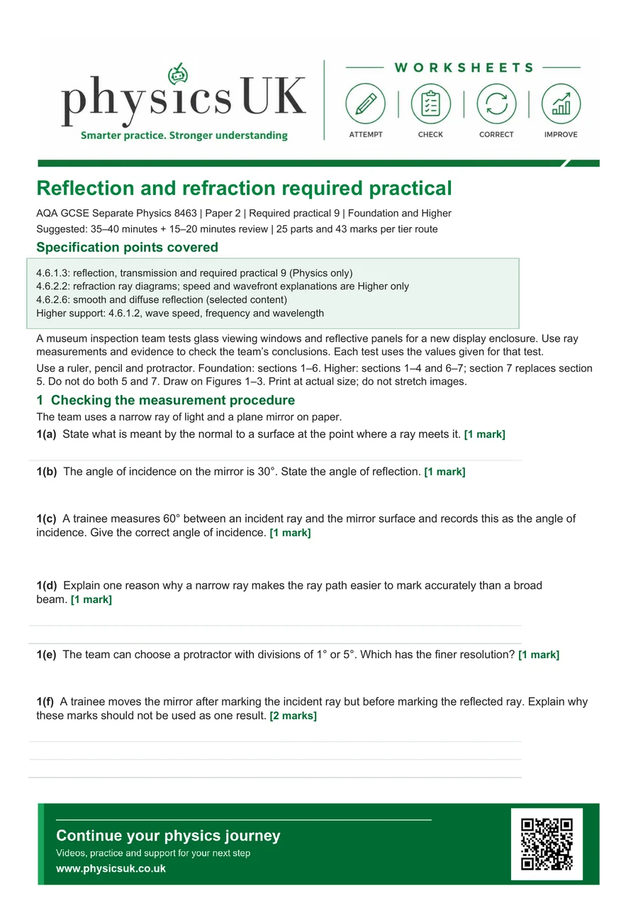 Preview of AQA GCSE Physics Reflection and Refraction Required Practical Worksheet