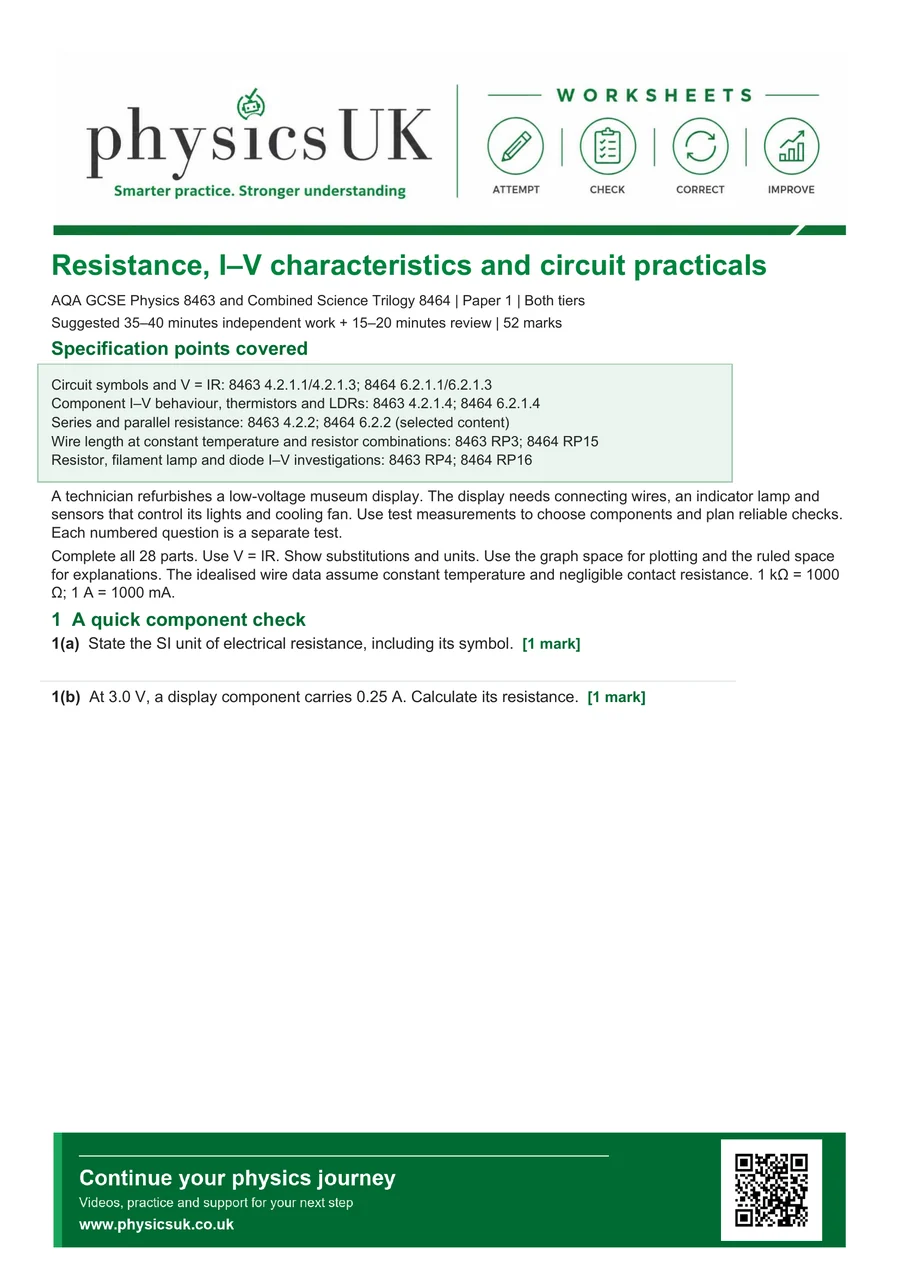 Preview of AQA GCSE Physics Resistance, I–V Characteristics and Circuit Practicals Worksheet