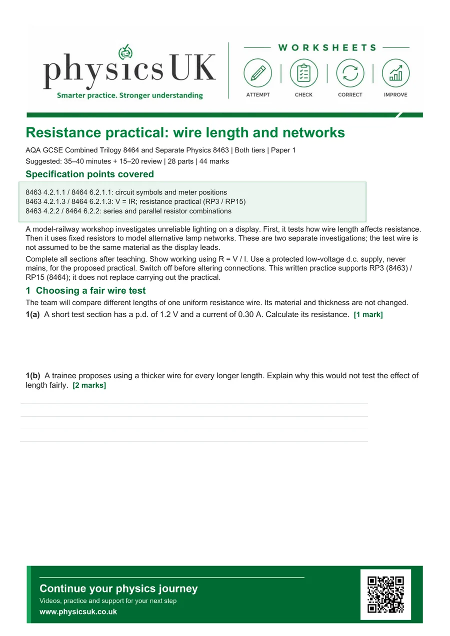 Preview of AQA GCSE Physics Resistance Required Practical Wire Length and Networks Worksheet