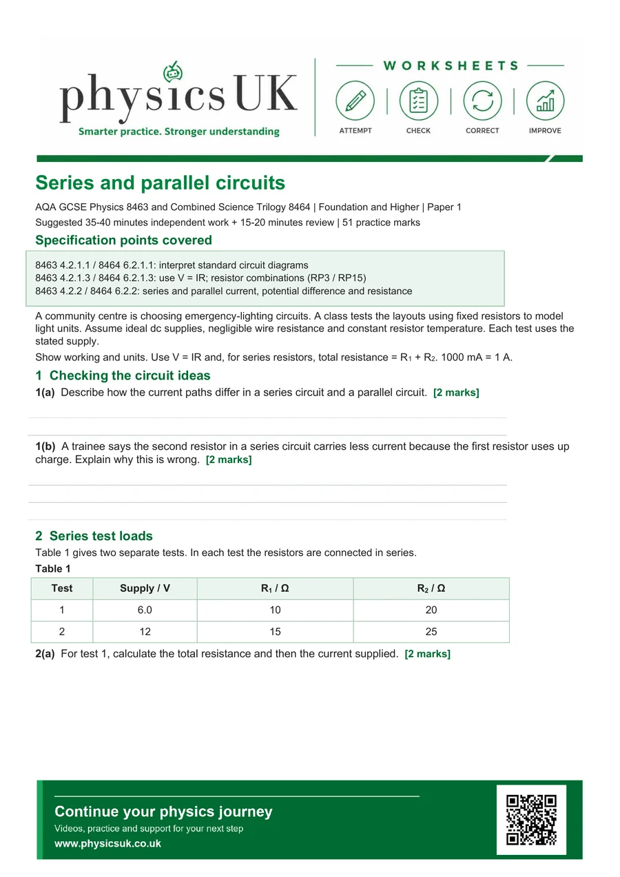 Preview of AQA GCSE Physics Series and Parallel Circuits Worksheet