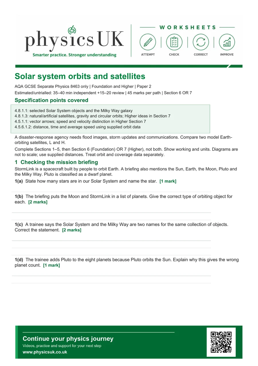 Preview of AQA GCSE Physics Solar System Orbits and Satellites Worksheet