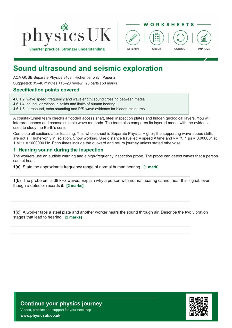 Preview of AQA GCSE Physics Sound Ultrasound and Seismic Exploration Worksheet