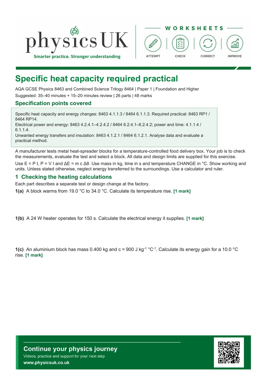 Preview of AQA GCSE Physics Specific Heat Capacity Required Practical Worksheet