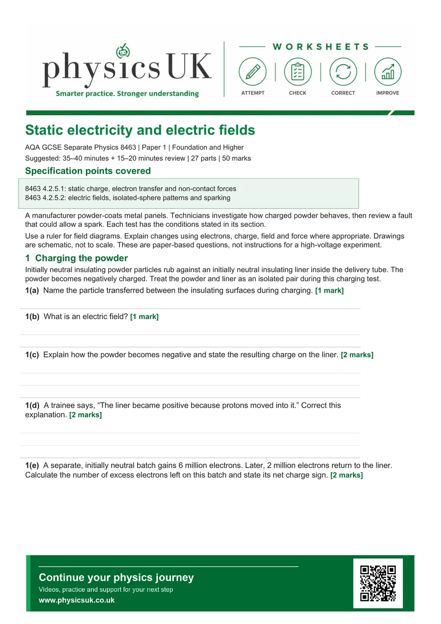 Preview of AQA GCSE Physics Static Electricity and Electric Fields Worksheet