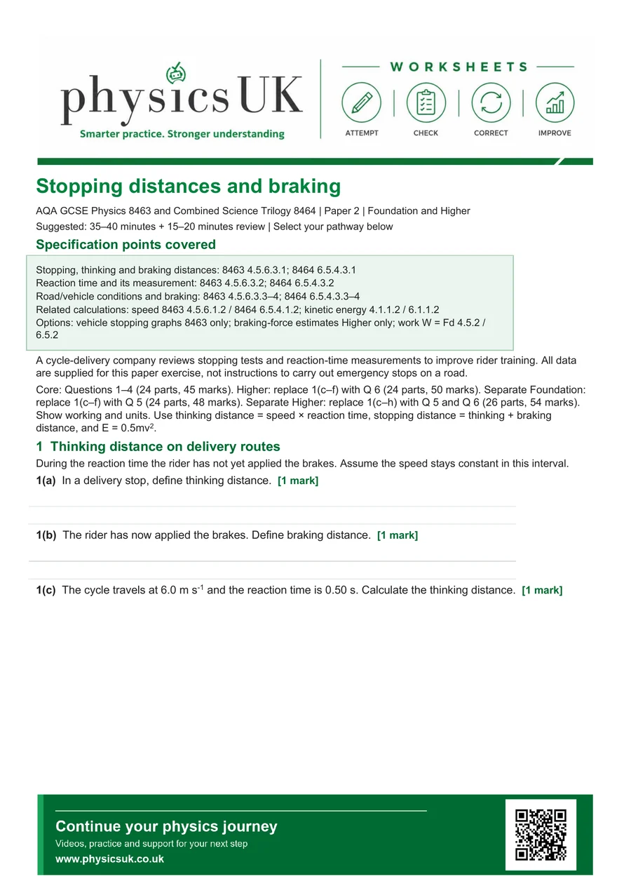 Preview of AQA GCSE Physics Stopping Distances, Reaction Time and Braking Worksheet