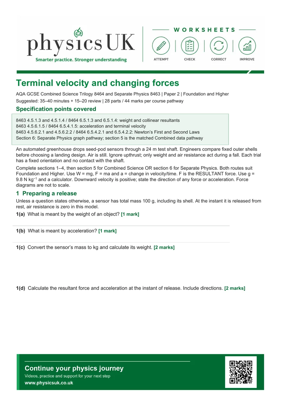 Preview of AQA GCSE Physics Terminal Velocity and Changing Forces Worksheet