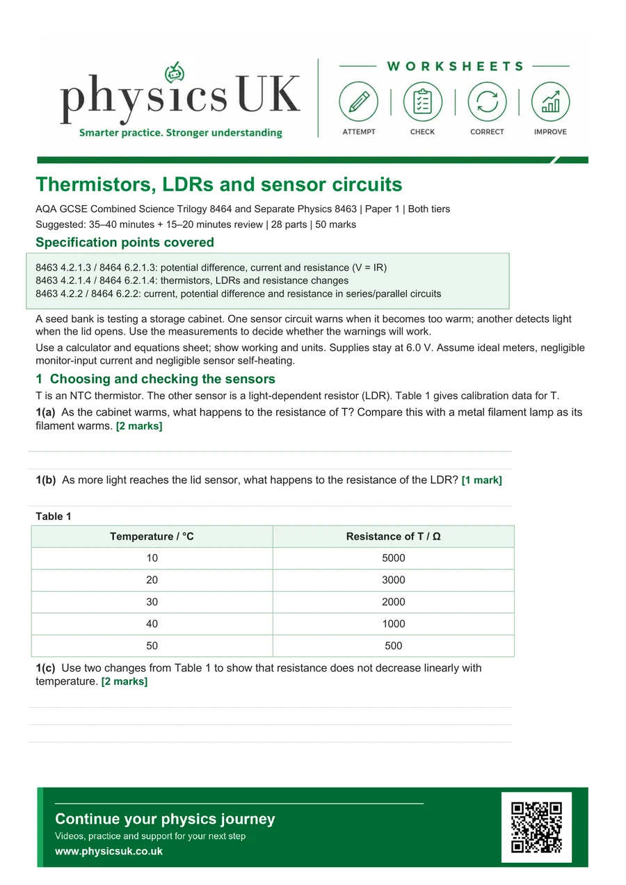 Preview of AQA GCSE Physics Thermistors LDRs and Sensor Circuits Worksheet