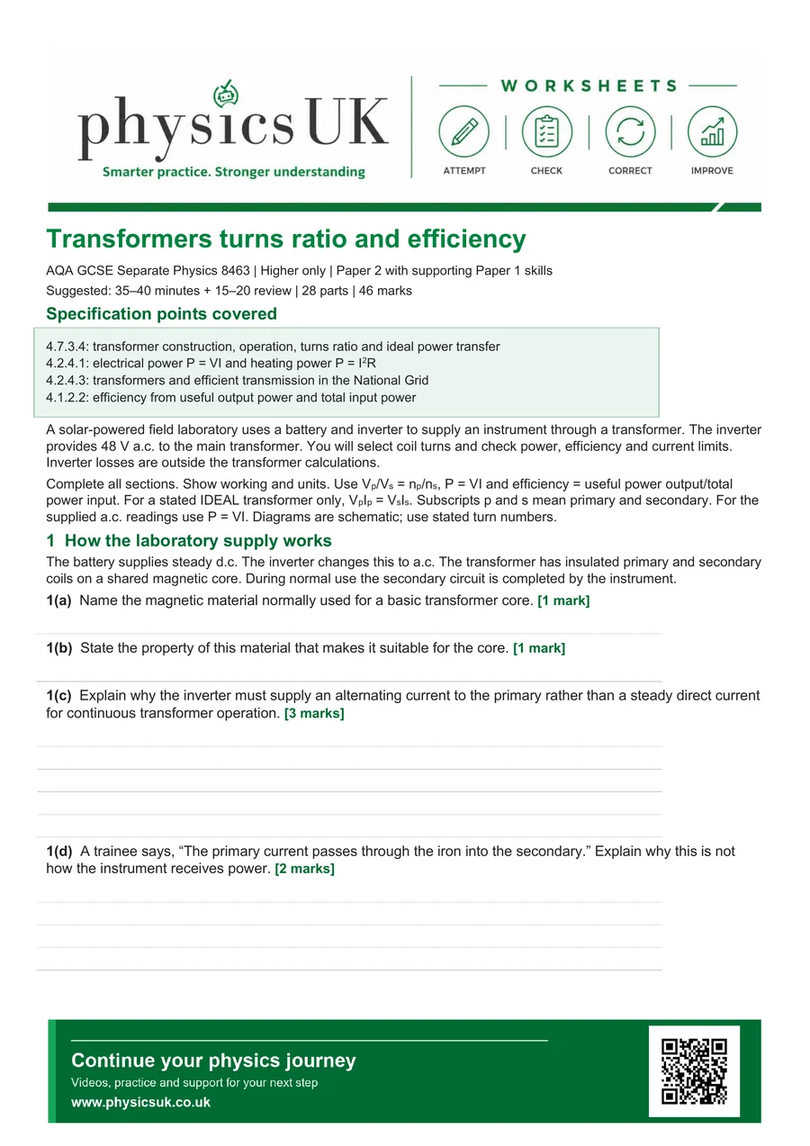 Preview of AQA GCSE Physics Transformers Turns Ratio and Efficiency Worksheet