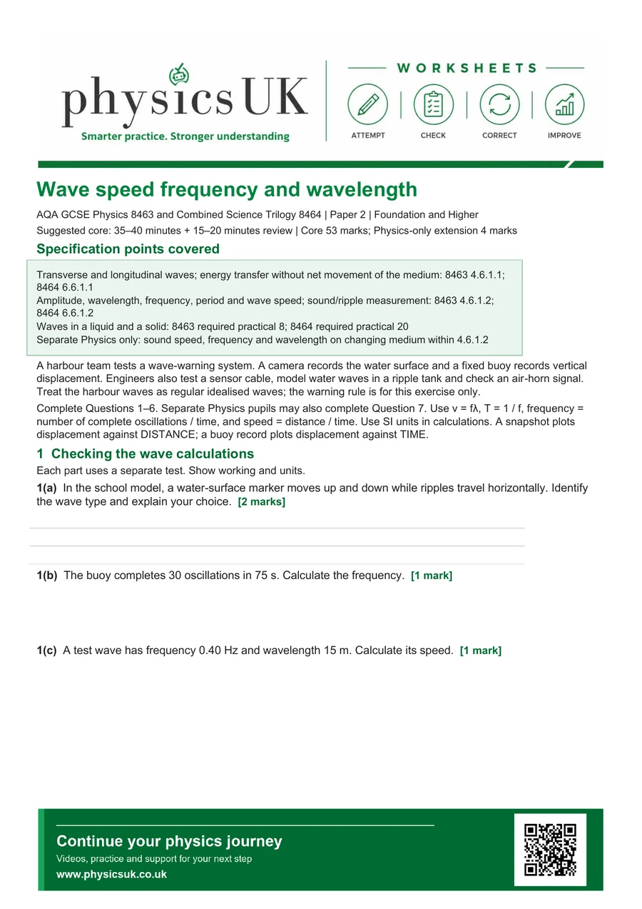 Preview of AQA GCSE Physics Wave Speed, Frequency and Wavelength Worksheet