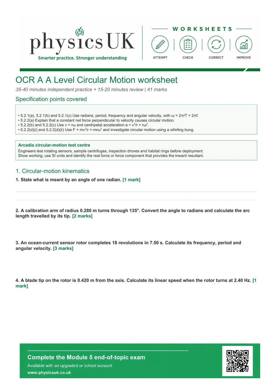Preview of OCR A A Level Physics Circular Motion Worksheet