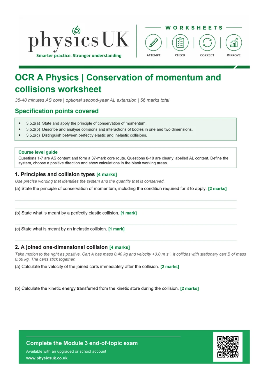 Preview of OCR A A Level Physics Conservation of Momentum and Collisions Worksheet