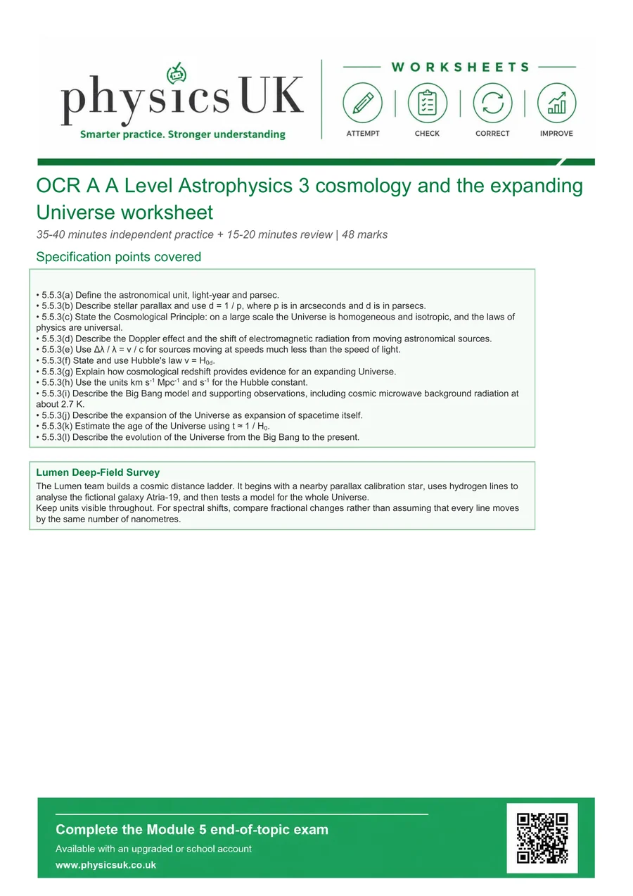 Preview of OCR A A Level Physics Astrophysics 3: Cosmology Worksheet