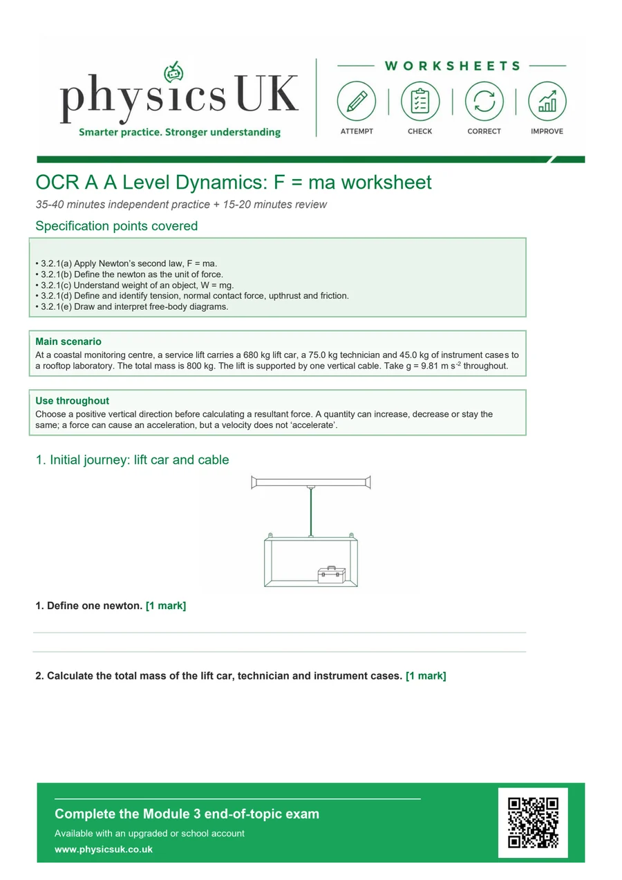 Preview of OCR A A Level Physics Dynamics and Newton's Second Law Worksheet