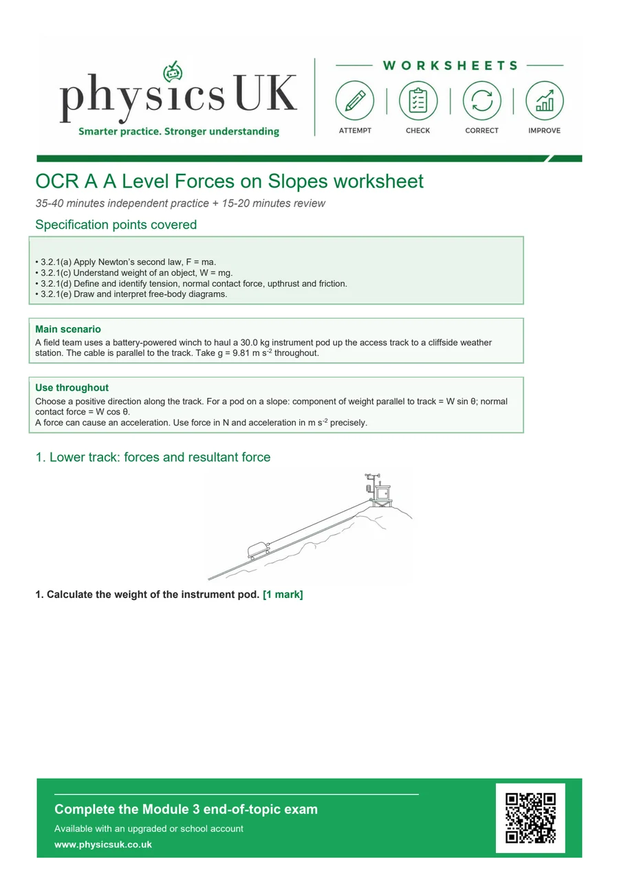 Preview of OCR A A Level Physics Forces on Slopes Worksheet