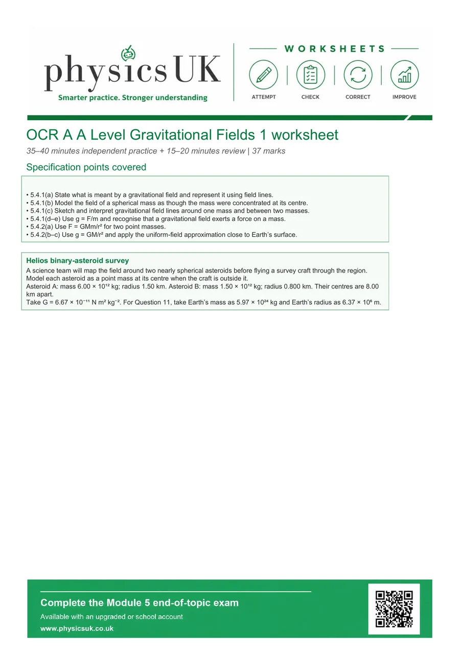 Preview of OCR A A Level Physics Gravitational Fields 1 Worksheet