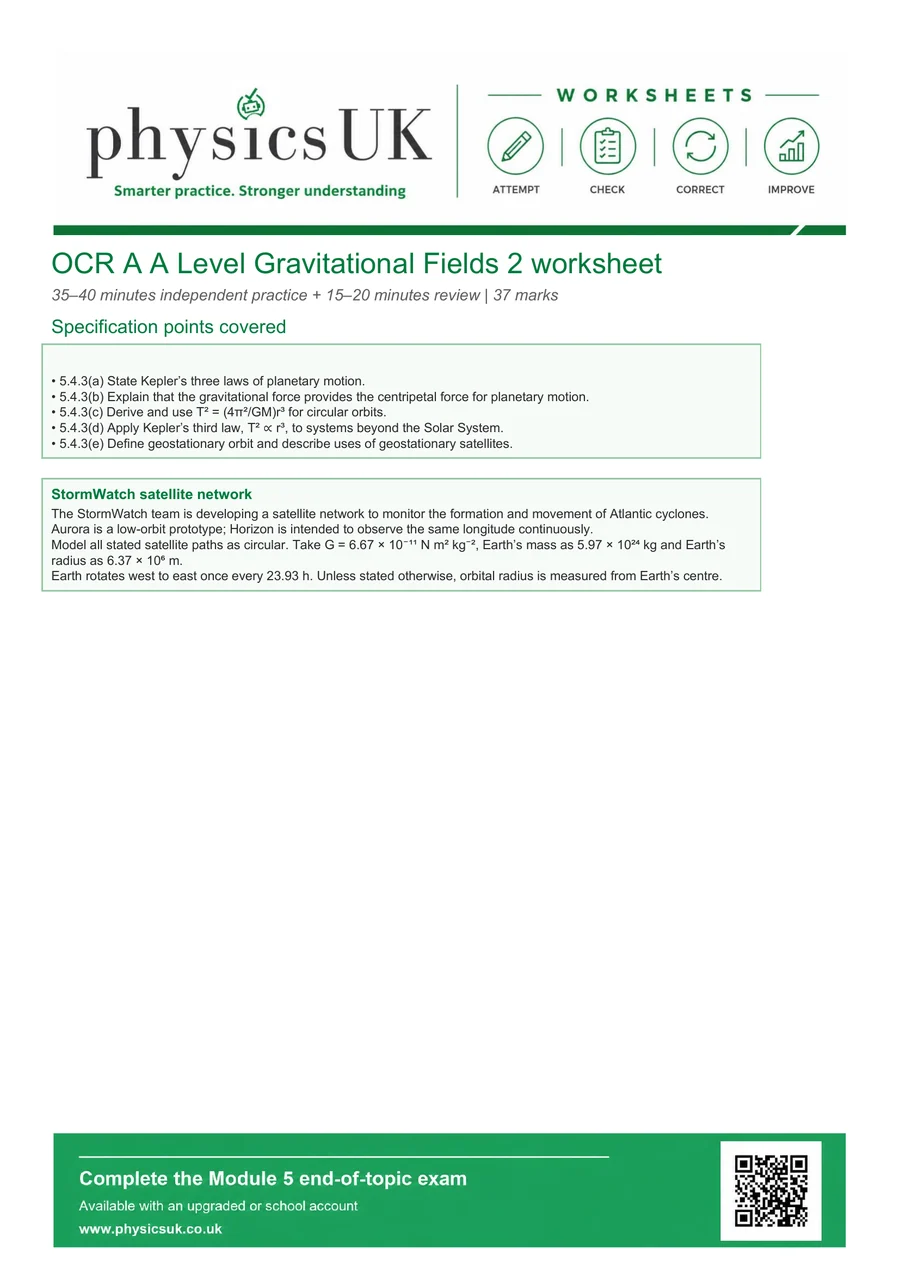 Preview of OCR A A Level Physics Gravitational Fields 2 Worksheet