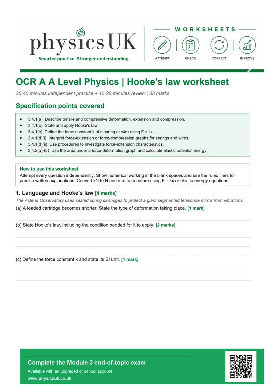 Preview of OCR A A Level Physics Hooke's Law, Series and Parallel Springs Worksheet
