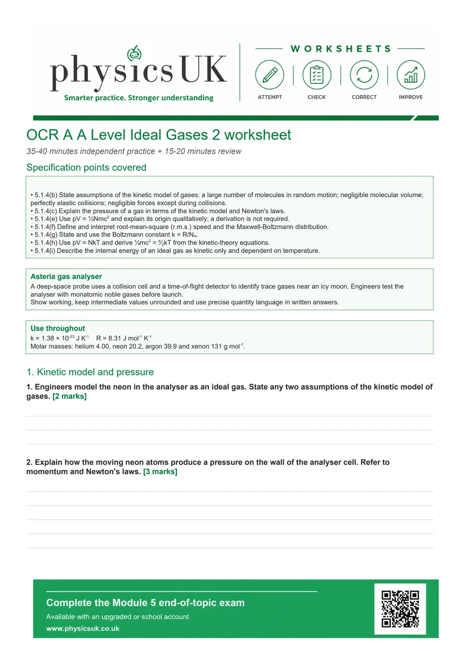 Preview of OCR A A Level Physics Ideal Gases 2 Worksheet