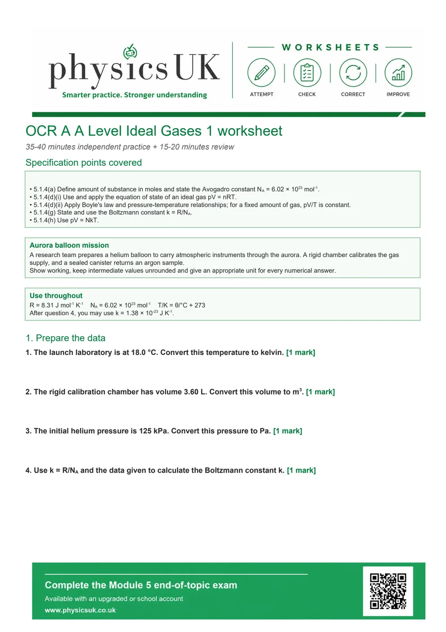 Preview of OCR A A Level Physics Ideal Gases 1 Worksheet